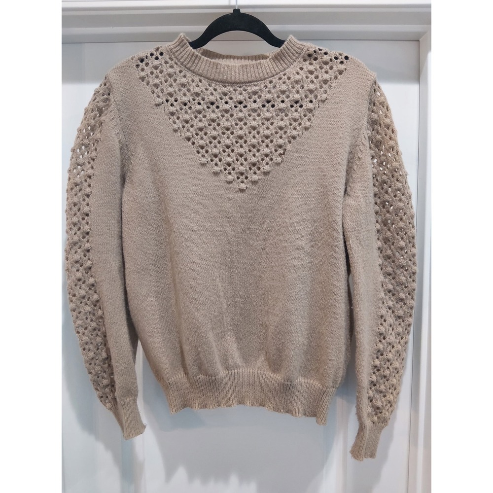 SHEIN Womens Tan Beige Crochet Yoke Open Knit Long Sleeve Sweater Large L